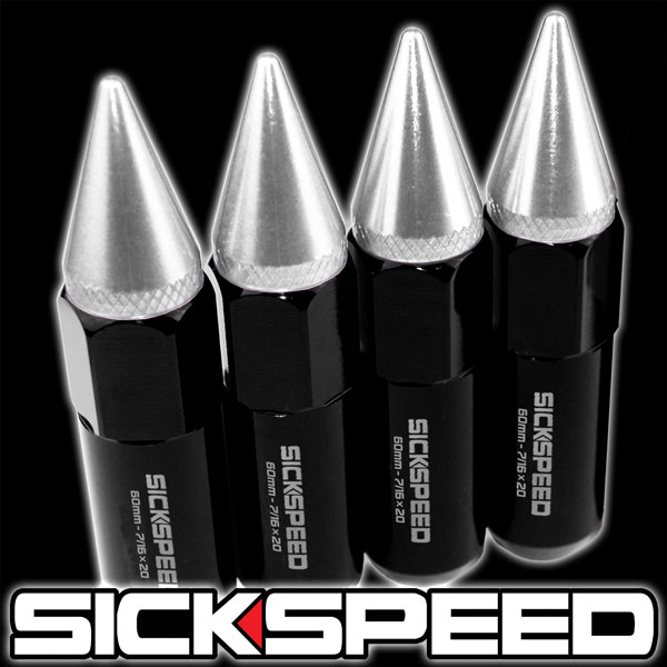 SICKSPEED 4 PC BLACK/POLISHED SPIKED ALUMINUM LUG NUTS FOR WHEELS 7