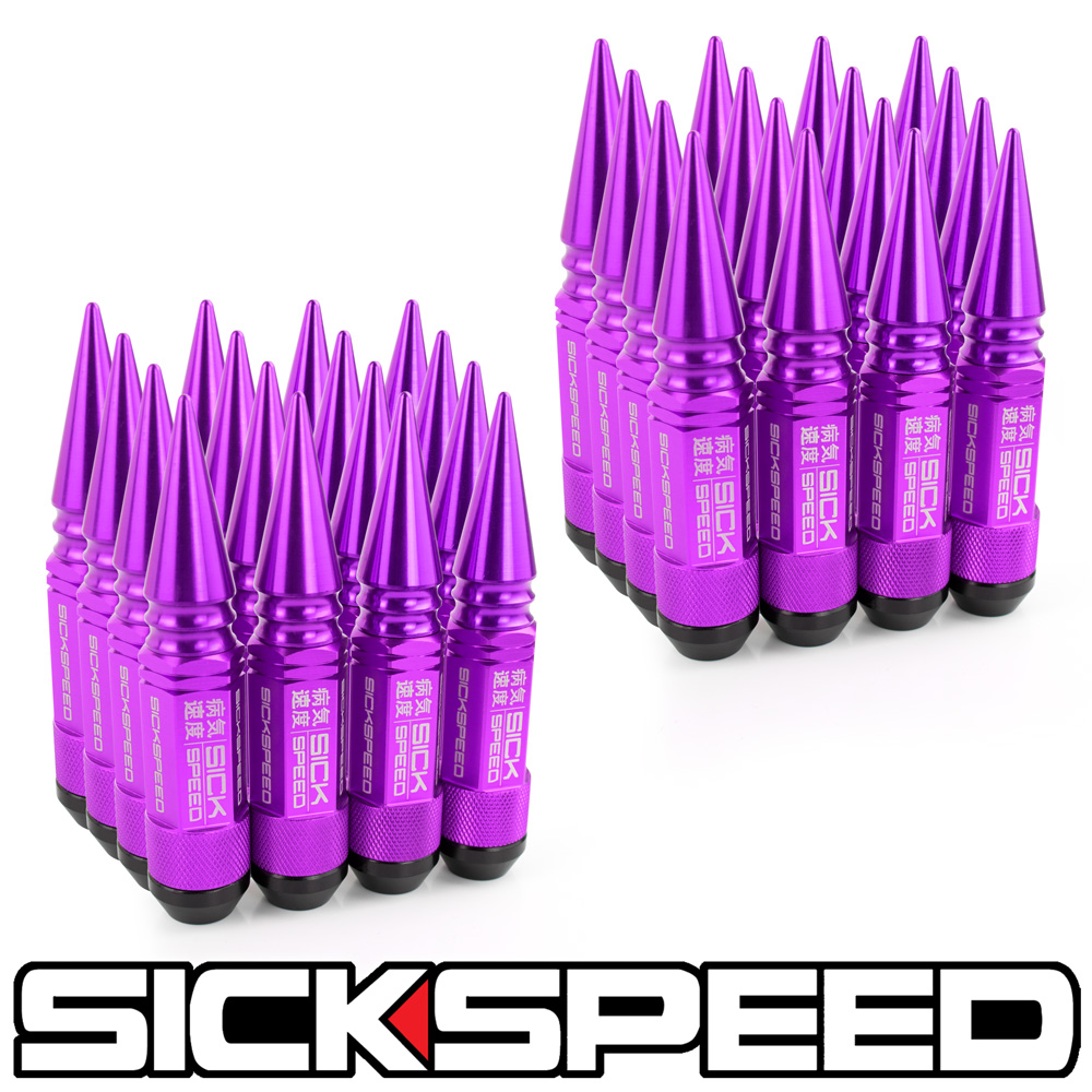 SICKSPEED 32PC PURPLE SPIKED ALUMINUM EXTENDED 108MM 3 PC LUG NUTS